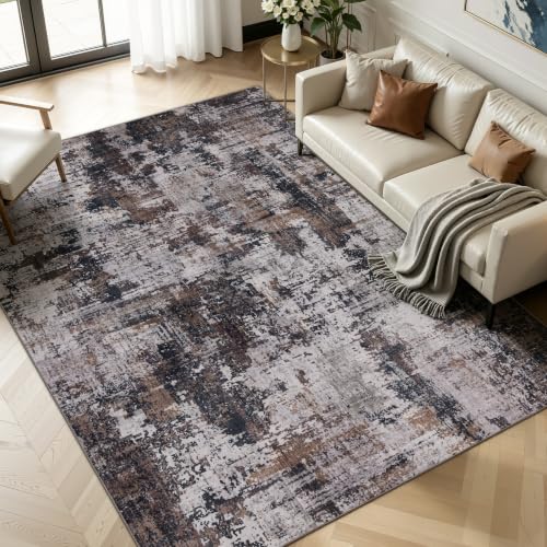 8x10 Modern Abstract Washable Area Rug - Black & Brown, Non-Slip, Soft Faux Cashmere