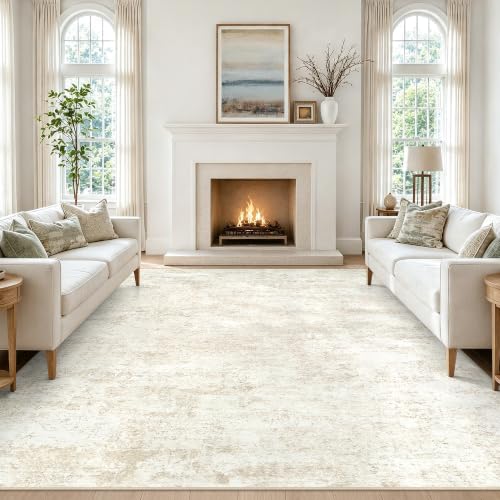 Beige 8x10 Washable Area Rug for Living Room and Bedroom - Non Slip, Pet Friendly