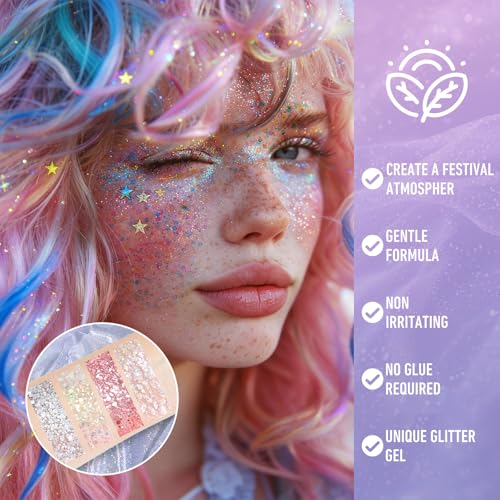 Rainbow Body Glitter Stick, Rainbow White Face Body Glitter Stick for Women Girls, Chunky Sequins Hair Glitter Gel Makeup for Lip Party Festival Rave Accessories Singer Concert Halloween