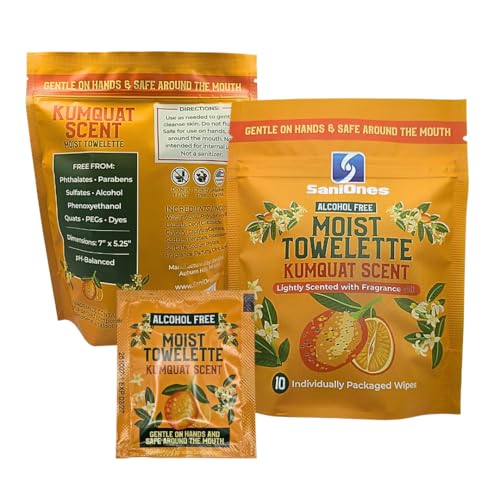 Individually Wrapped Hand Wipes, Alcohol-Free Wet Wipes For Sensitive Skin, Plant-Derived Hand & Face Cleansing, Kumquat Scented, Lunchbox & Travel Packets, 10 Pack - (Made In USA)
