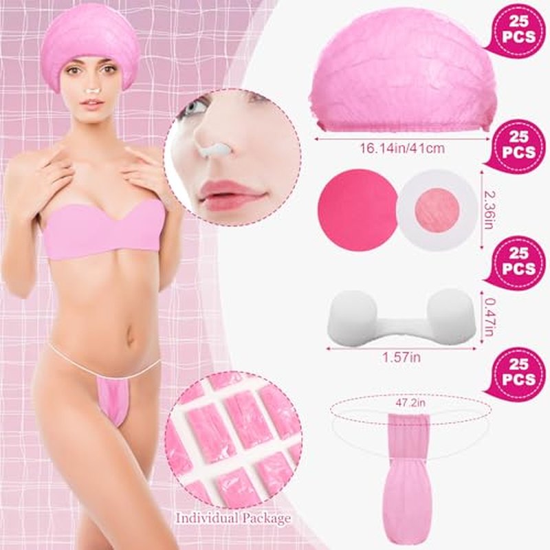 125 Pcs Spray Tan Tanning Essentials Accessories Kit 25 Set Disposable Caps Underwear Feet Pads Nipple Cover Nose Filter Plugs for Beauty Salons Home Sunless Tanning (Pink)