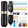 Wireless Tattoo Gun Kit with 2 Batteries, 16 Cartridges, 7 Ink Colors - Black Kit