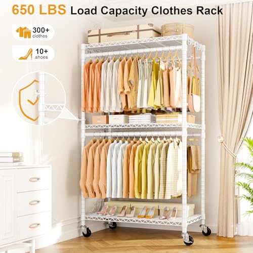 ULIFHOME P5 Rolling Clothes Rack White - Heavy Duty Garment Organizer with Adjustable Shelves & Double Rods