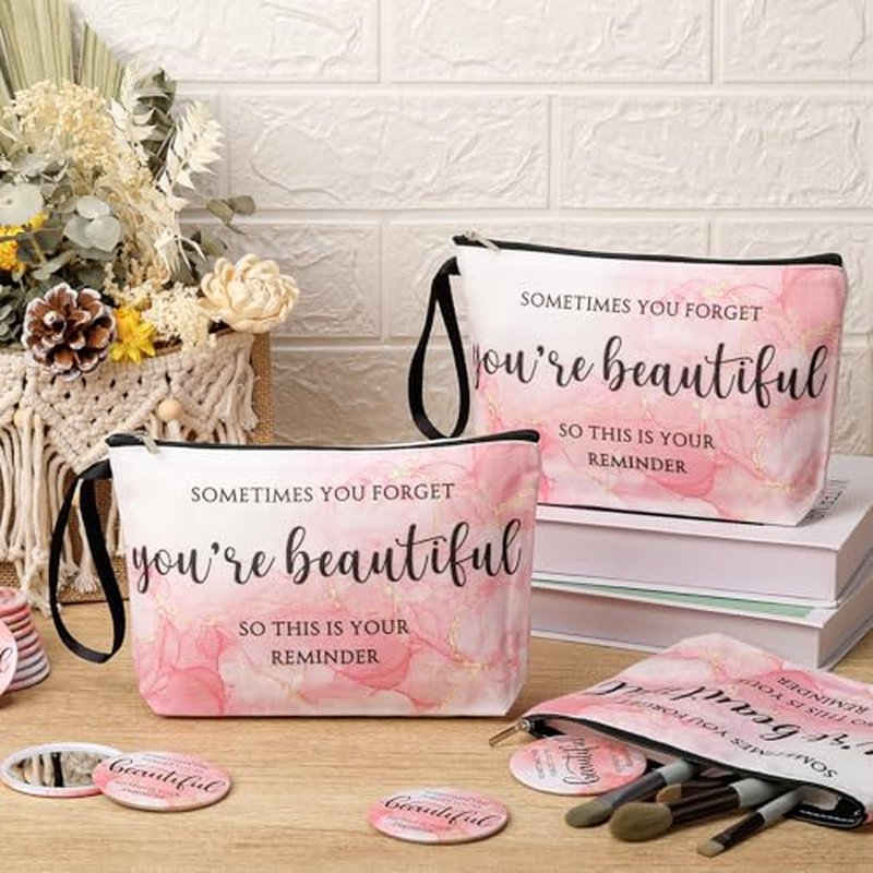 20 Sets Pink Thank You Gifts for Women, Inspirational Gifts Bulk for Female Client Teacher Employee Coworker, Sometimes You Forget You're Beautiful Makeup Bags and Compact Mirrors for Party