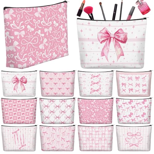 Pink Bow Makeup Bags Set - 24 Coquette Cosmetic Pouches with Zippers for Women & Travel - Pink Aesthetic Gifts