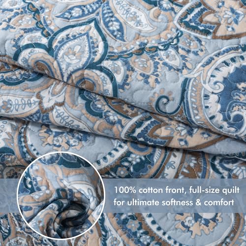 Cotton King Size Reversible Quilt Set with Pillow Shams - Blue Tan Paisley, All Season Bedspread