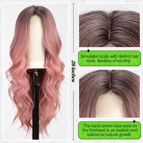 Long Pink Ombre Wavy Wig 26 Inch Synthetic Curly Hair for Women - Natural Look, Heat-Resistant Fiber