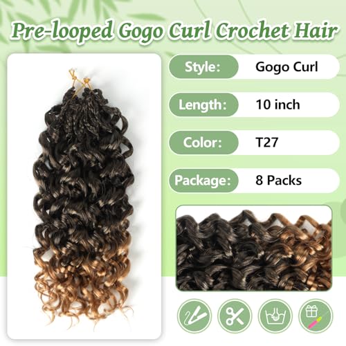 Pre Looped Gogo Curl Crochet Hair 8 Packs - 10 Inch Ocean Wave Goddess Box Braids #T27