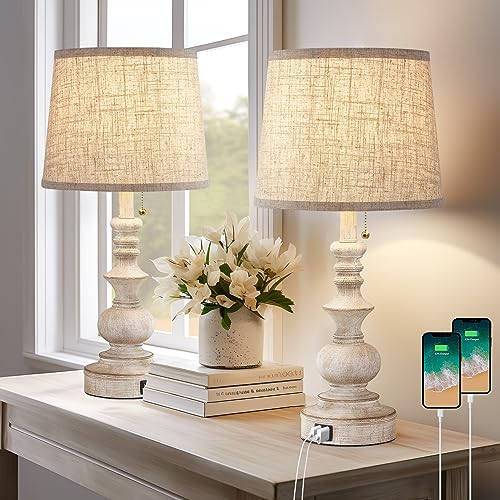 22-Inch White Farmhouse Table Lamps Set of 2 with USB Charging Ports - Nightstand Side Lamps for Bedroom & Living Room