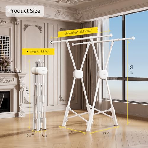 White Foldable Clothes Drying Rack with Adjustable Length - Indoor & Outdoor Laundry Organizer