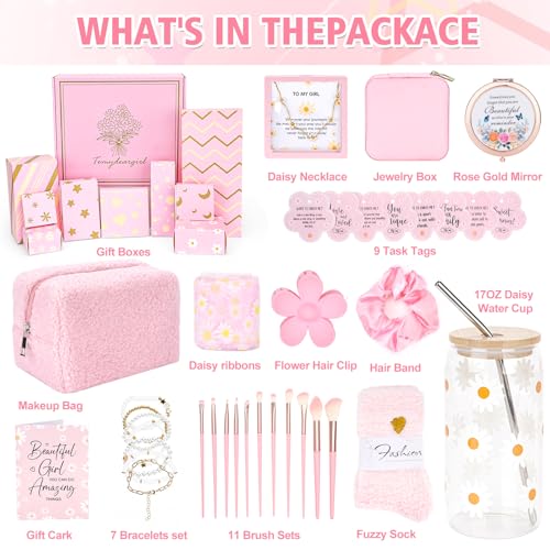 9 PCS Trendy Stuff Gifts for Tween & Teen Girls, Valentine's Day Gift Box makeup kit & makeup set, Birthday Gifts for Granddaughter Daughter Niece Ages 8-16, with Empowering Tasks