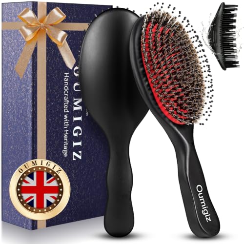 Large Boar Bristle Hair Brush for Thick & Curly Hair - Handmade Wooden Comb