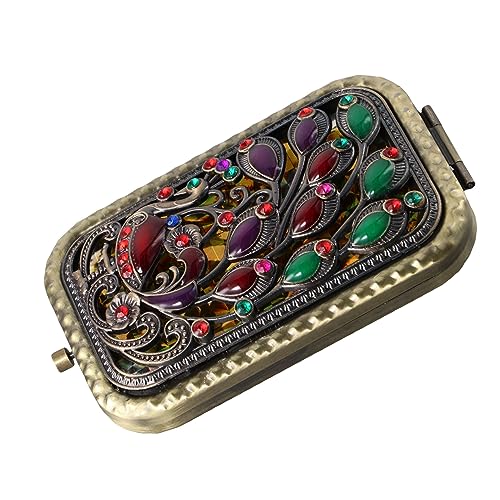 Pokinge 2Pcs Compact Folded Pocket Mirror Double-Sided Folding Retro Peacock Metal Makeup Mirror Portable 2X Magnification Cosmetic Mirror for Travel