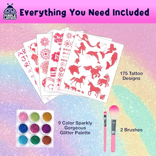 PURPLE LADYBUG 175-Piece Temporary Glitter Tattoos Kit for Kids & Teens - Easter Valentines Gifts for 6 7 8 9 10-12 Year Old Girl Birthday, Craft for Girls 8-12, Ideal Easter Basket Essential