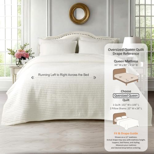 Oversized Queen Quilt Set 102x106 inches with Pillow Shams - Cream White, Soft Washed Nordic Design