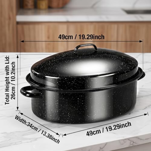 19.5-Inch Black Enamel Roasting Pan with Lid & Rack - Oval Turkey & Holiday Roast