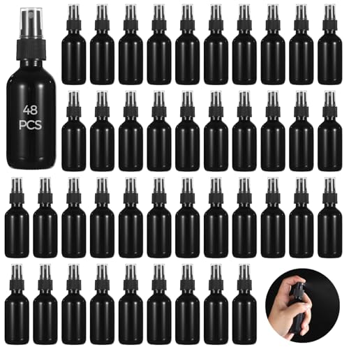 Lnrueg 48 Pcs BlackSmall Glass Spray Bottles 2 oz - Perfume, DIY Cleaners, Fine Mist Spray, Leakproof and Corrosion-Resistant, 60ML Travel Size, Portable for Beauty, Aromatherapy Household Use