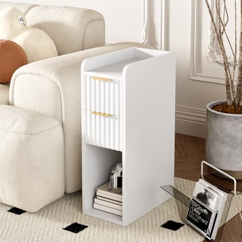 Set of 2 Narrow Wooden Nightstands - 7.9-inch Slim Bedside Tables with Fluted Drawers for Small Spaces, Modern White