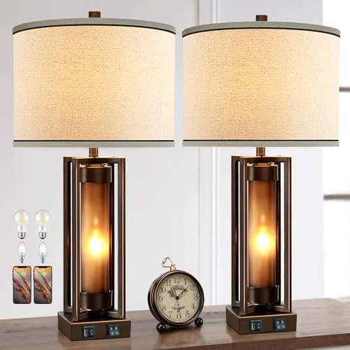 Farmhouse Table Lamps Set of 2 with USB C+A Ports - Brown