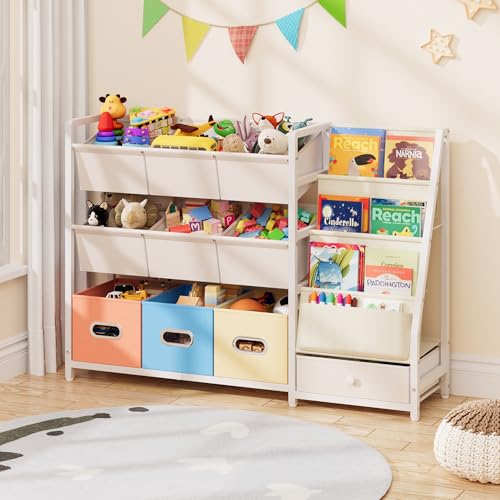 Kids Toy Storage Organizer with 10 Bins and 3 Shelves - Kids Bookcase