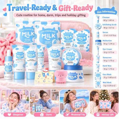 WOUGLAY 15-Piece Milk Skincare Kit for Teens & Women | Travel Set with Mask & Moisturizer - 0.07 Fl Oz