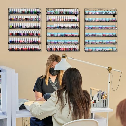 AMT 6 Tier Up to 192 BOTTLES Metal Nail Polish Racks for the Wall, Quality Nail Polish Display, Essential Oils Organizer. Holds up to 192 Bottles (Black)