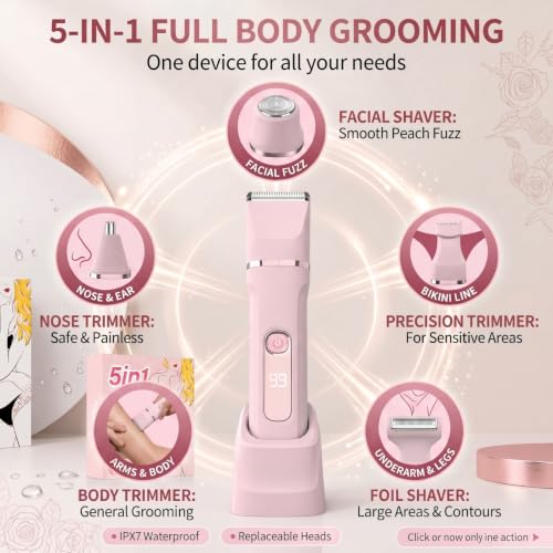 Pink 5-in-1 Women's Electric Bikini Trimmer & Razor Waterproof USB Rechargeable