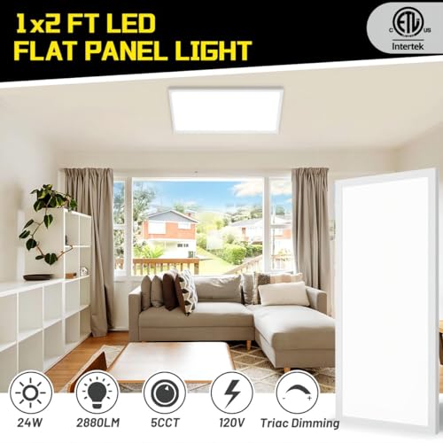 BeckTour White 1x2 ft LED Flat Panel Light 2-Pack, Dimmable Ceiling Fixture 24W