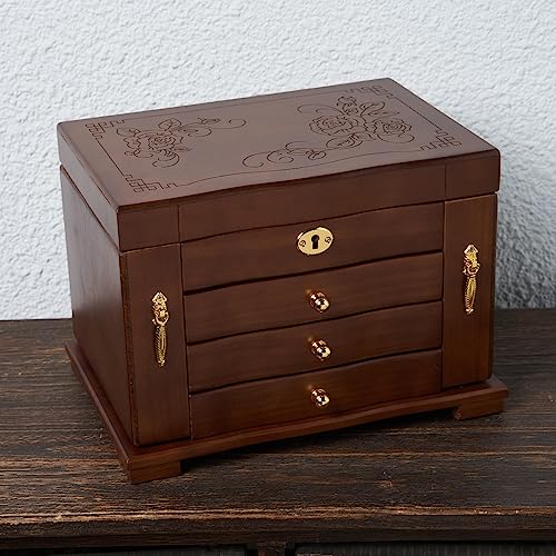 FEECOZ Wooden Jewelry Box for Women with Mirror & Lock - Dark Brown Rose Pattern