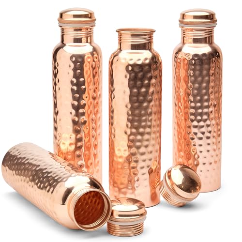 Set of 4 Hammered Copper Water Bottles 34 oz with Leak-Proof Caps - Pure Copper Hydration