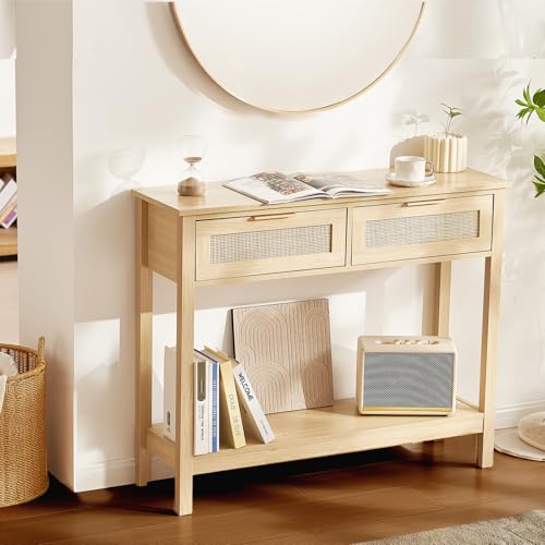 Natural Rattan Console Table with 2 Drawers | Entryway & Sofa Table - 2 Drawers