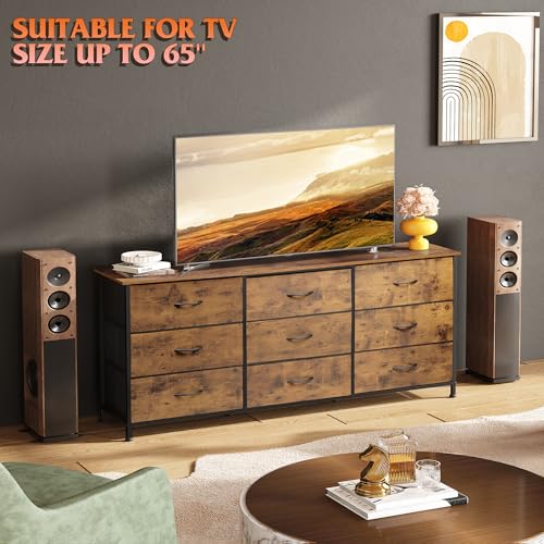 WLIVE Rustic Brown 65 Inch TV Dresser with 9 Fabric Drawers and Wood Top - Ample Storage