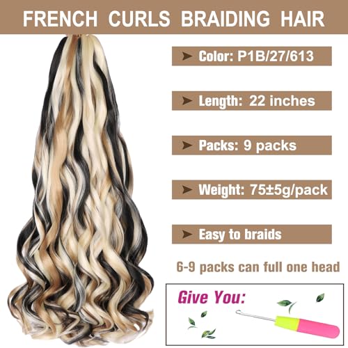 Pre Stretched French Curly Braiding Hair 22 Inch - P1B/27/613, 9 Packs