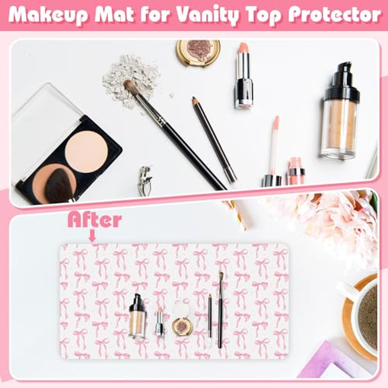 Coquette Bow Makeup Mat for Vanity Top Protector, Valentine Dual Sided Leather Vanity Waterproof Desk Pad Dressing Mat Nonstick Gifts for Women Home Office Decor(Pink,15.7" X 31.5")