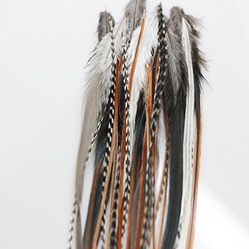 Sexy Sparkles Feather Hair Extensions - Natural Beige & Brown, 25 Loose Feathers, 8-12 Inches with Micro Beads