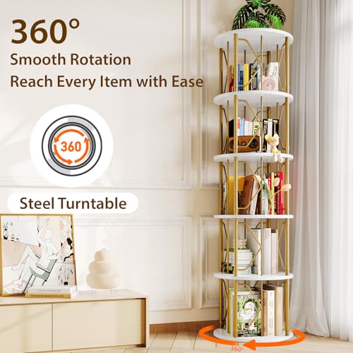 Gold & White 5-Tier Rotating Bookshelf Tower - 62.5 Inches High