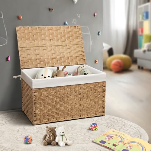 Large Wicker Storage Basket with Lid - 200L Natural Handwoven Organization Bin (31.5x19.7x19.7 Inches)
