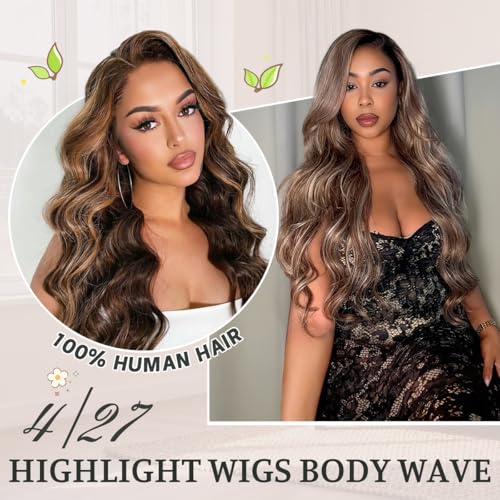 26 Inch Honey Blonde Highlight Human Hair Body Wave Lace Front Wig - 180% Density, 13x4 HD Transparent Lace, P4/27 Variation