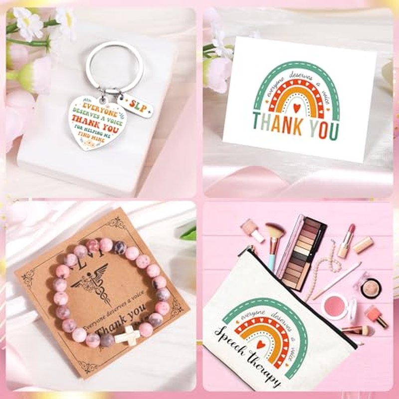 Keluna Speech Therapy Appreciation Gifts - 5Pcs SLP Gifts Set for Women, Speech Pathologist Therapist Thank You Birthday Christmas Gift, Makeup Bag, Bracelets, Keychain