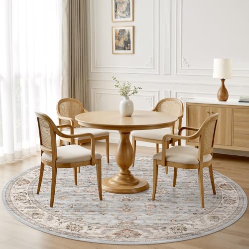 8ft Round Washable Area Rug - Non-Slip Boho Carpet with Vintage Floral Pattern - Dusty Blue-Gray/Skye/Cerulean Variation