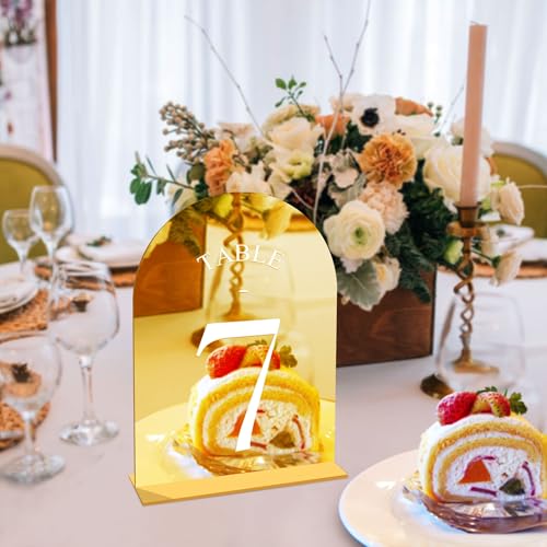 Wedding Table Numbers 1-40 with Stands - Gold Acrylic Arch Design, White Font - Variation of Gold White Font / Table Number 1-40