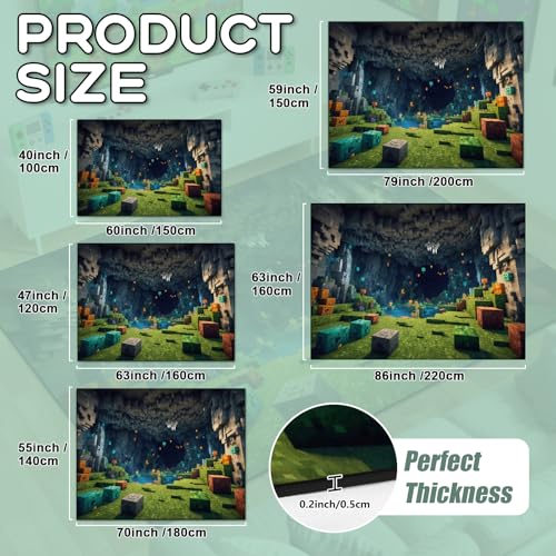 Pixel Game Rug for Kids and Teens - Green Grass Karst Cave, 86 x 63 Inches - Non-Slip, Washable Playroom Carpet