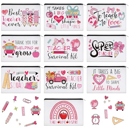 Teacher Appreciation Gift Makeup Bags - Bulk 30 Pcs Canvas Zippered Pouches with Valentine's Day Theme