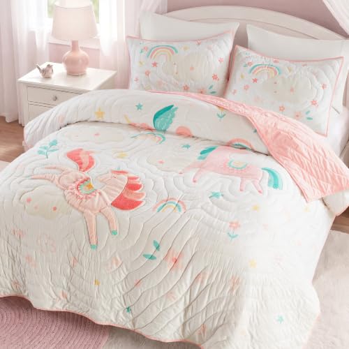 Kids Unicorn Quilt Set Full/Queen Pink 3-Piece Girls Bedding Whimsical Decor