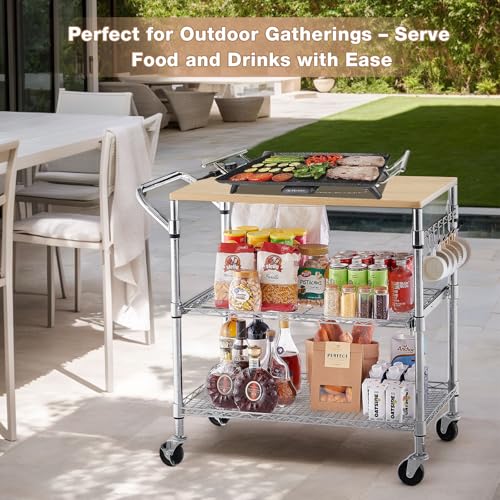 3-Tier Rolling Kitchen Cart with Wood Top and Slider Shelf - 35.4"L x 18.1"W x 31.9"H, Metal & Wood, Chrome Finish