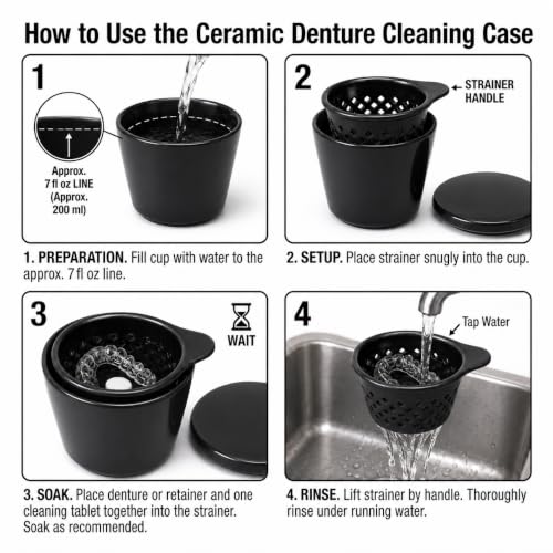 Black Ceramic Denture Cleaning Cup with Lid & Removable Basket - Hygienic Soaking Container