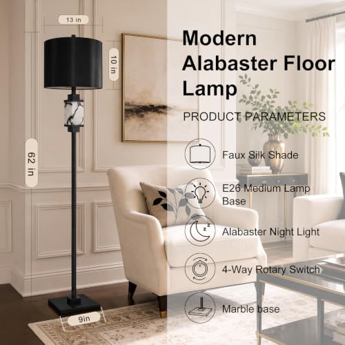 Black 62-Inch Modern Alabaster Floor Lamp with Night Light - Living Room Decor
