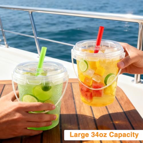 Disposable Cups with Lids and Straws - 100 Sets, 34oz, Colorful Straws Included