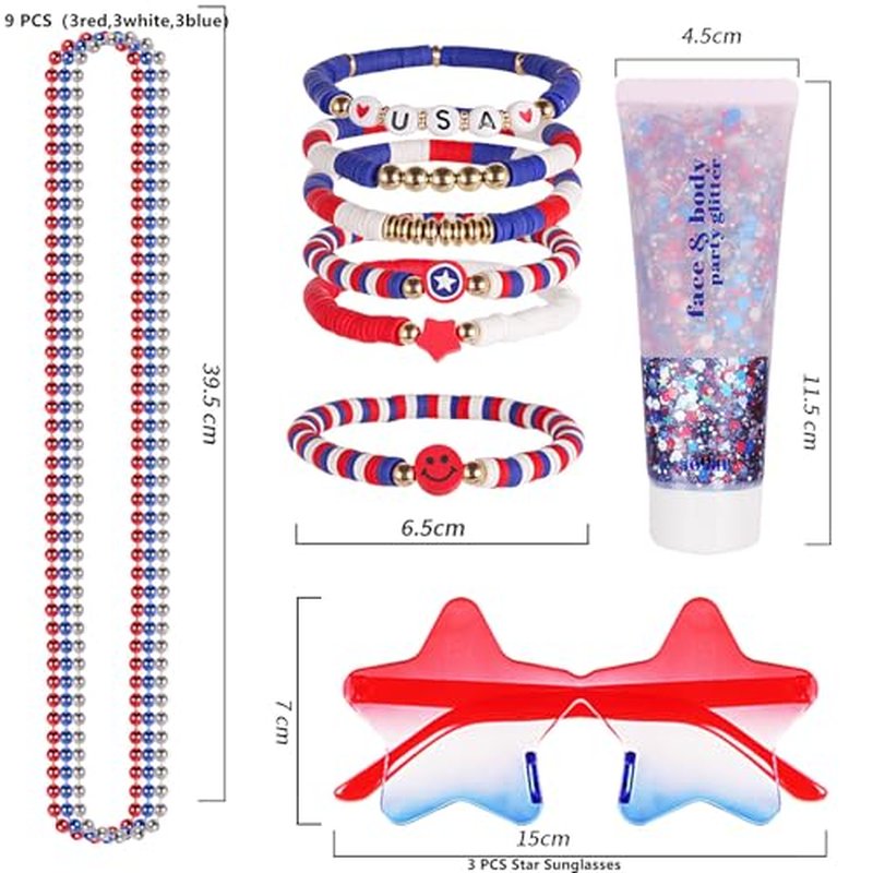 Go Ho 4th of July Outfits for Women,Red White and Blue Face Body Glitter,9PC Necklaces,3PC Star Glasses and 6PC Patriotic Bracelets,4th of July Accessories,Fourth of July Decorations Favors Set