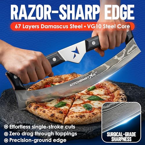 Gray 16-Inch Pizza Cutter Rocker Knife with Damascus Steel Blade & Leather Sheath
